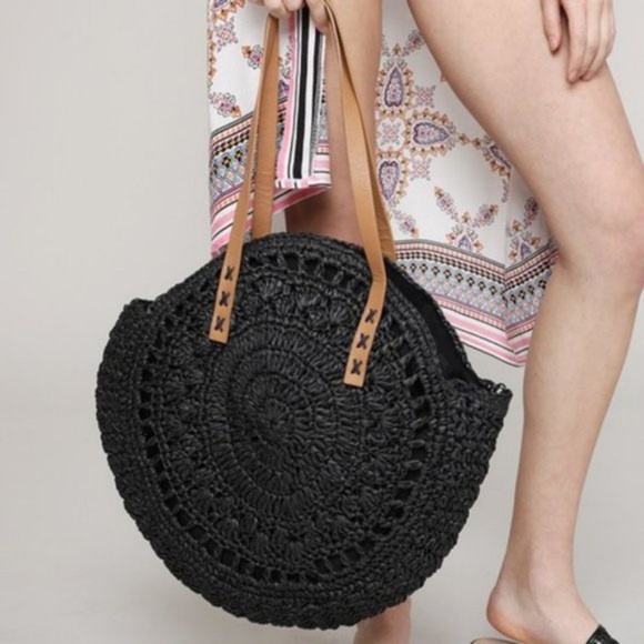 BellanBlue Handbags - Boho Black Circular Minimalist Tote Bag Beach